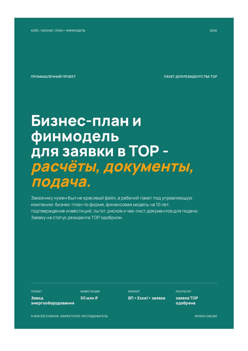 Обложка бизнес-плана и финмодели для заявки в ТОР